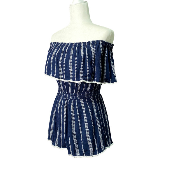LULU'S | sz S Women's Blue/White Striped See Ya There Off Shoulder Ruffle Romper - Picture 2 of 6